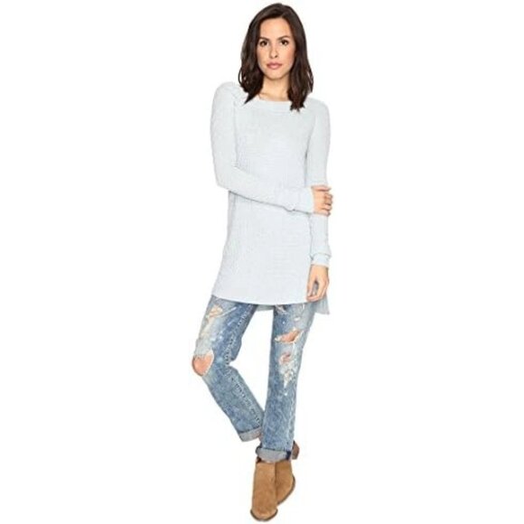 Free People Kate Thermal Waffle Tunic Sweater Off The Shoulder Top Sea Mist Sz S - Picture 2 of 9